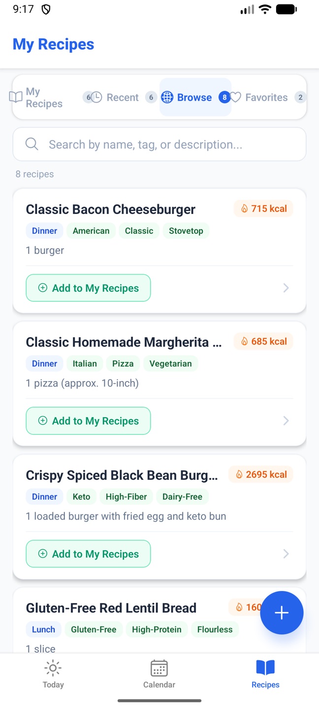 The Browse tab on the phone with community recipes and Add to My Recipes buttons