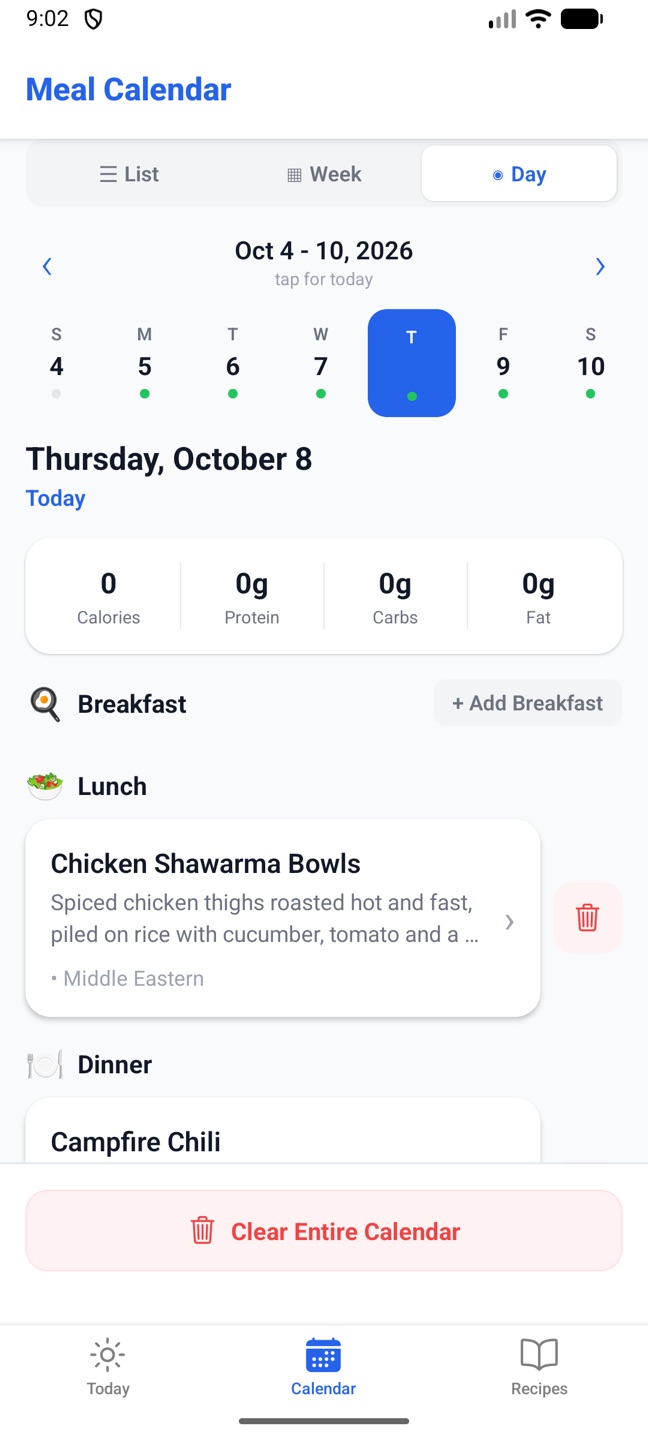 The phone's Meal Calendar in Day view with totals