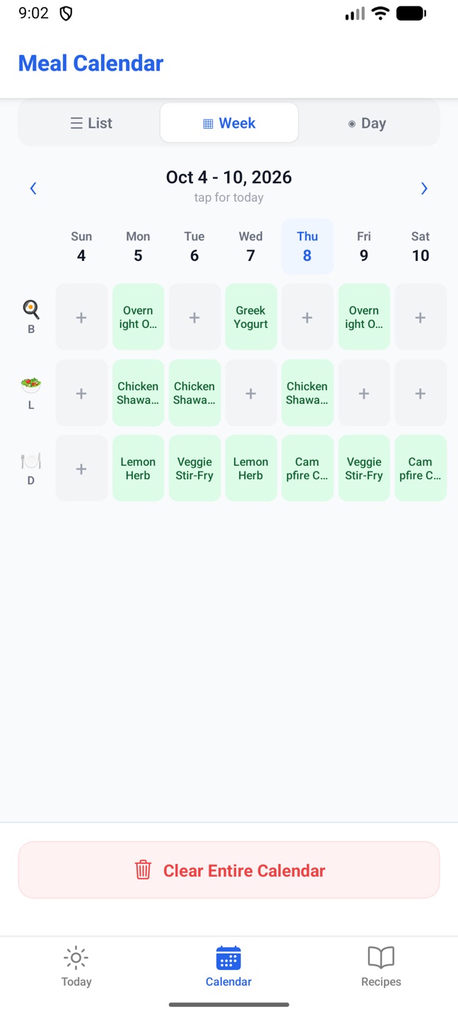 The phone's Meal Calendar in Week view