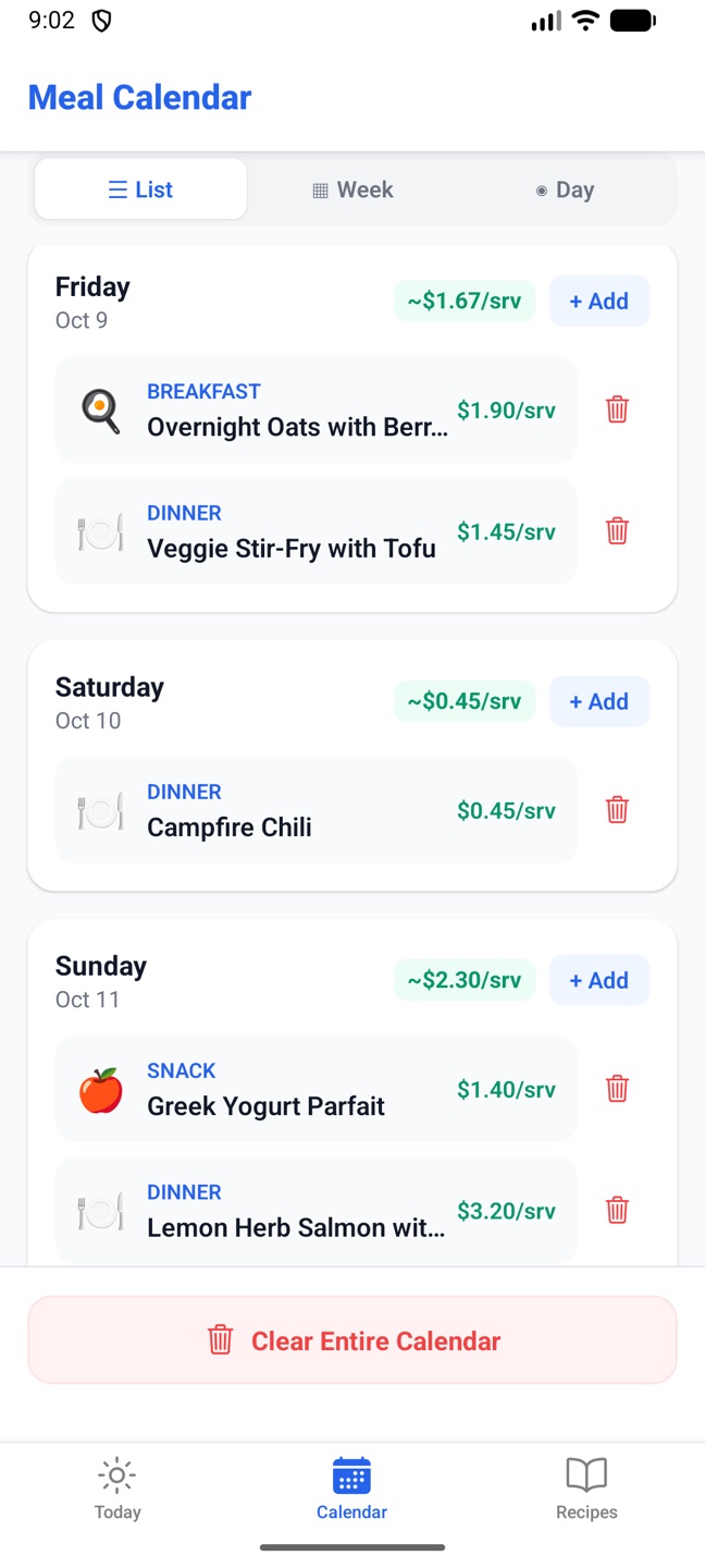 The phone's Meal Calendar in List view