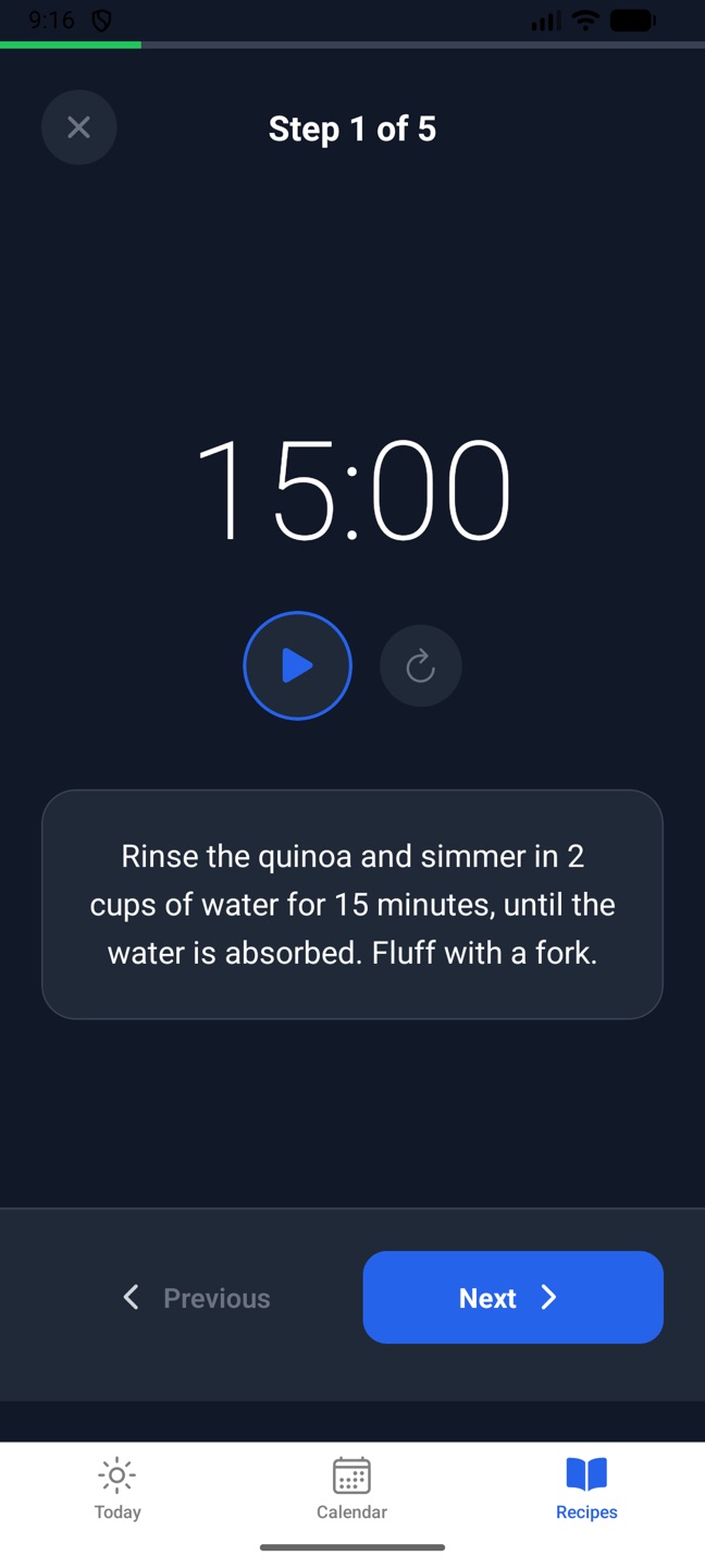 Cook Mode on the phone: step 1 with a five-minute timer