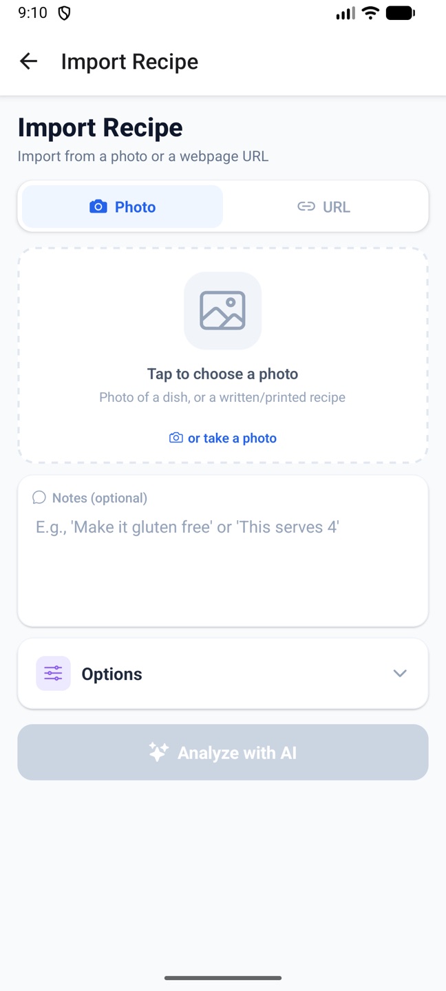 The phone's Import Recipe screen with Photo and URL tabs