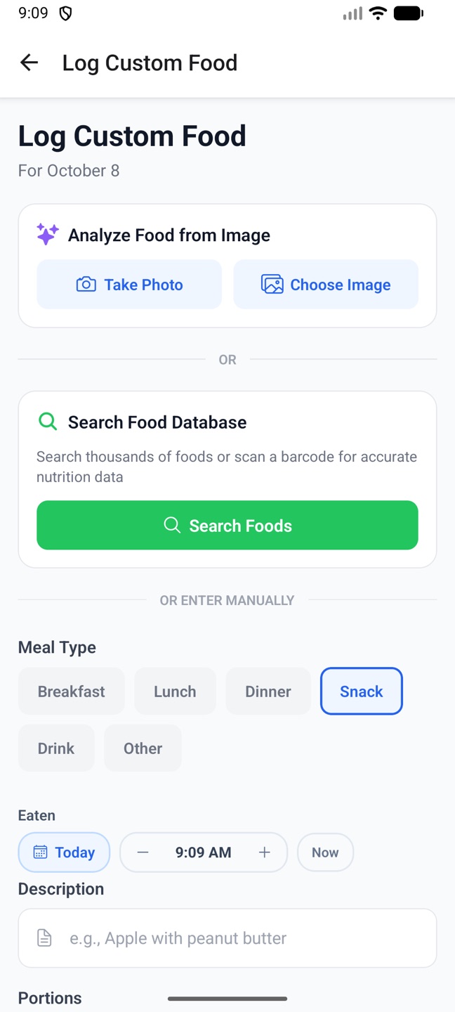The phone's Log Custom Food screen