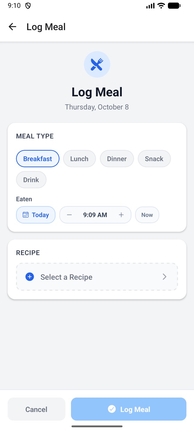 The phone's Log Meal screen for a saved recipe