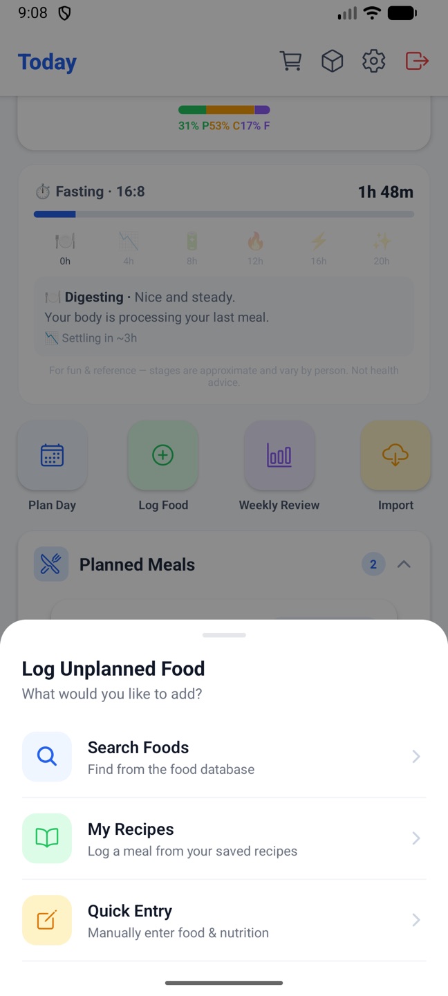 The phone's Log Unplanned Food sheet with Search Foods, My Recipes and Quick Entry