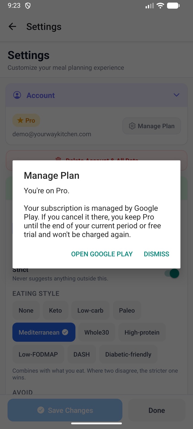 The Manage Plan dialog on the phone, with the active-through date and an Open Google Play button