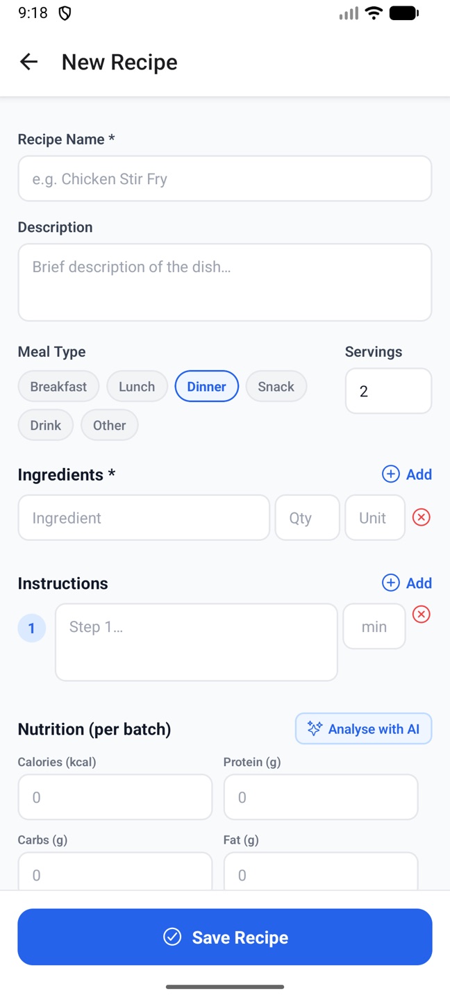 The phone's New Recipe form