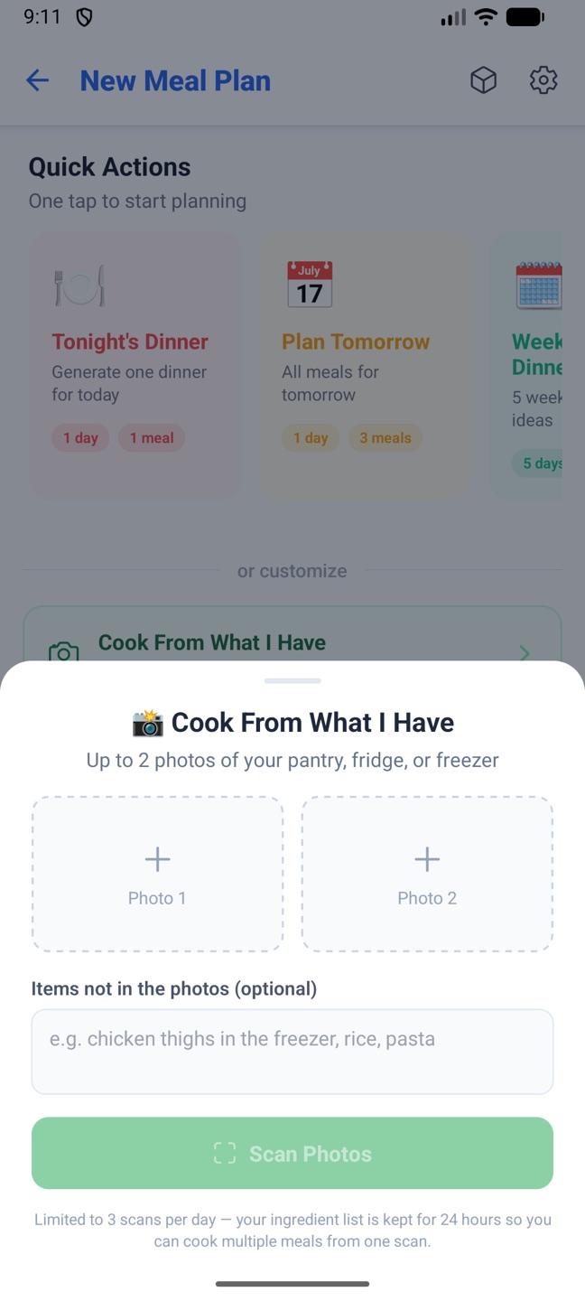 The phone's Cook From What I Have sheet asking for up to two photos