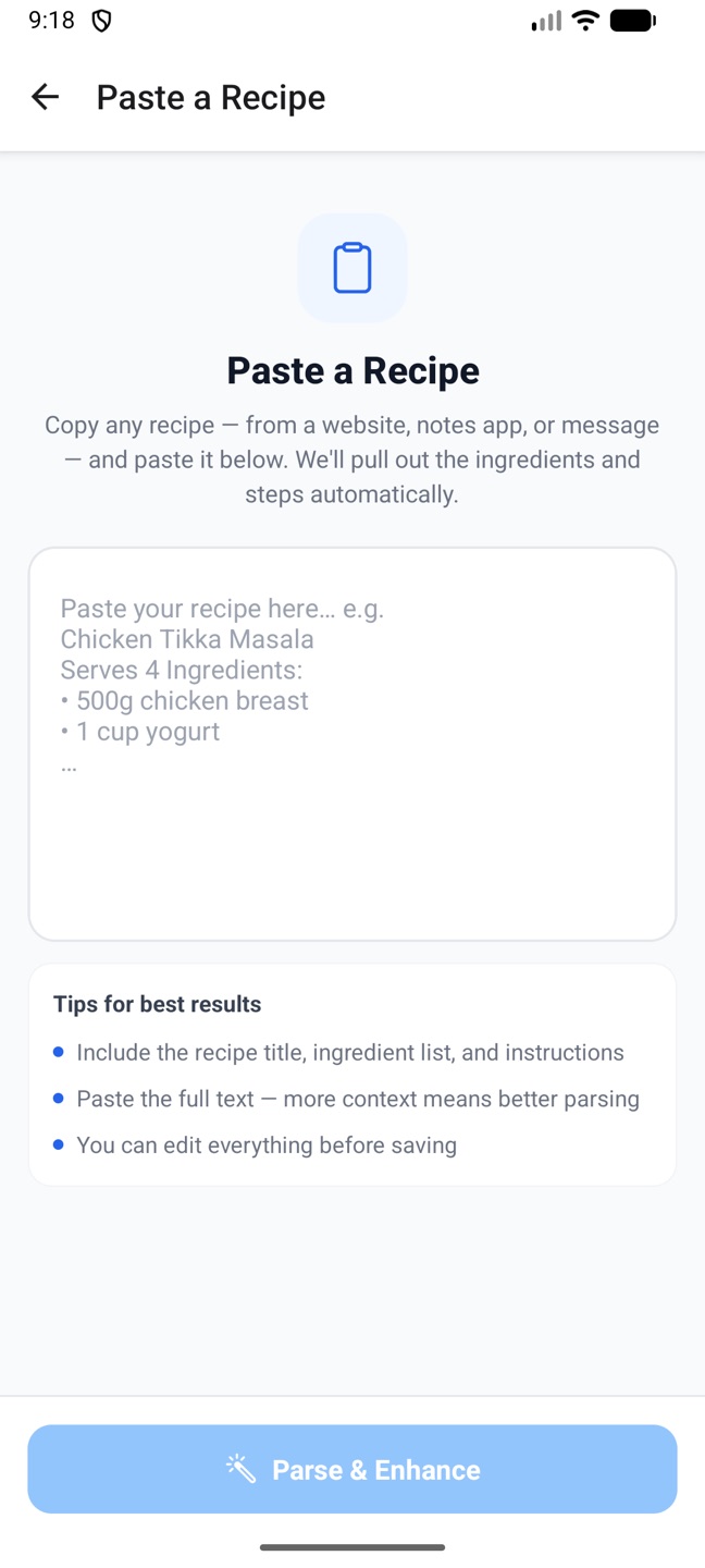 The phone's Paste a Recipe screen