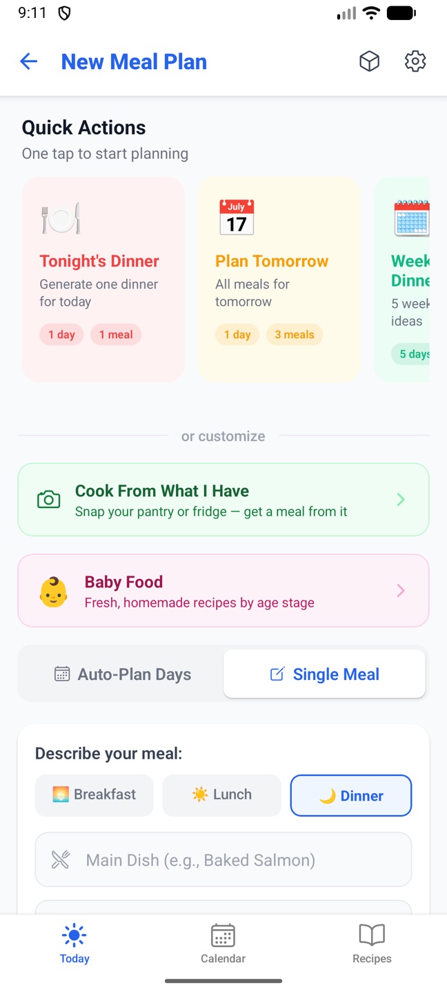 The Single Meal tab on the phone