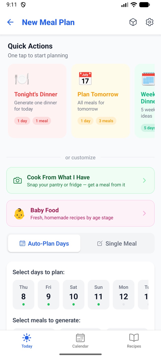 The phone's New Meal Plan screen with quick actions, the pantry and baby food cards and the day strip