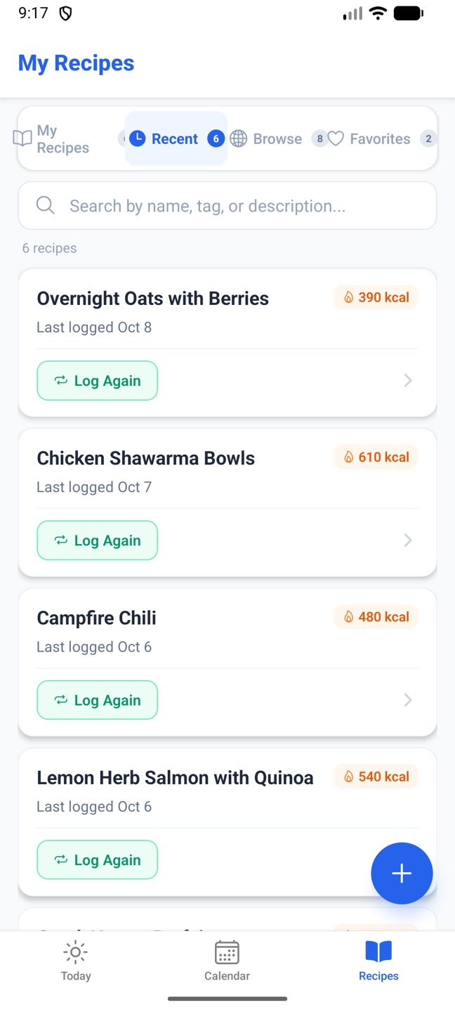 The phone's Recent tab in Recipes, with Log Again buttons