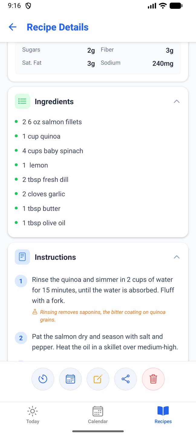 Ingredients and instructions with a science note, and the bottom bar of icons