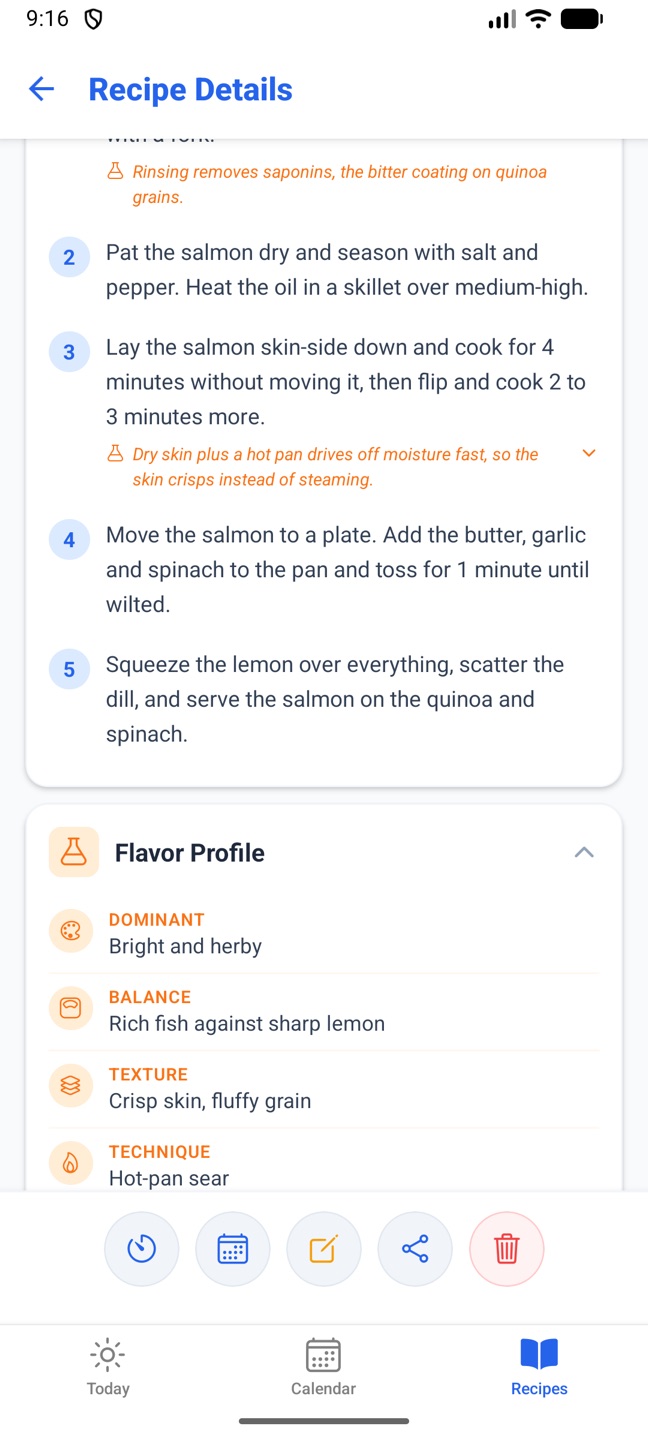 Further down Recipe Details: notes, rating, re-adapt and sharing cards