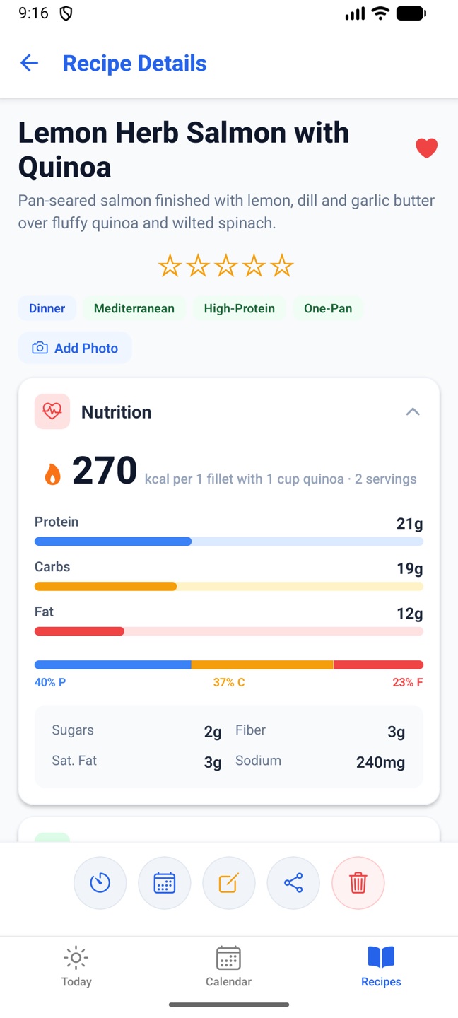 Recipe Details on the phone: title, tags and nutrition