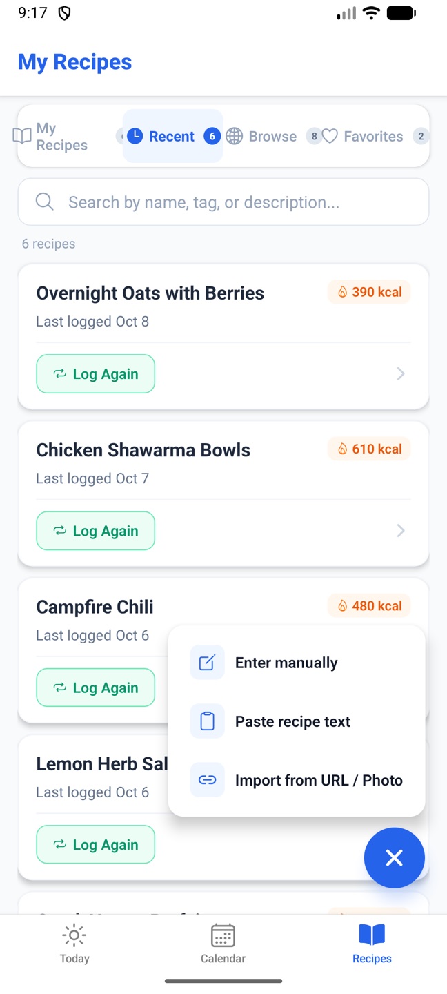 The + menu on the phone: Enter manually, Paste recipe text, Import from URL / Photo