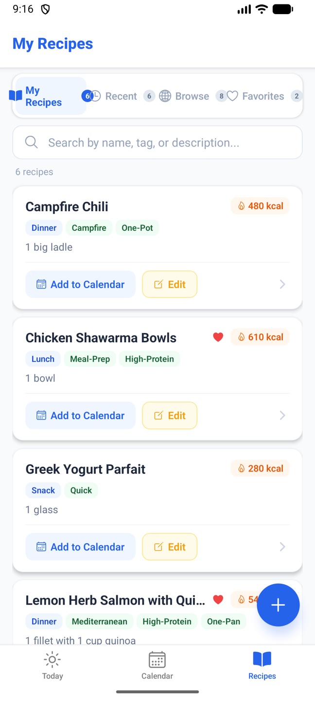 The phone's My Recipes tab