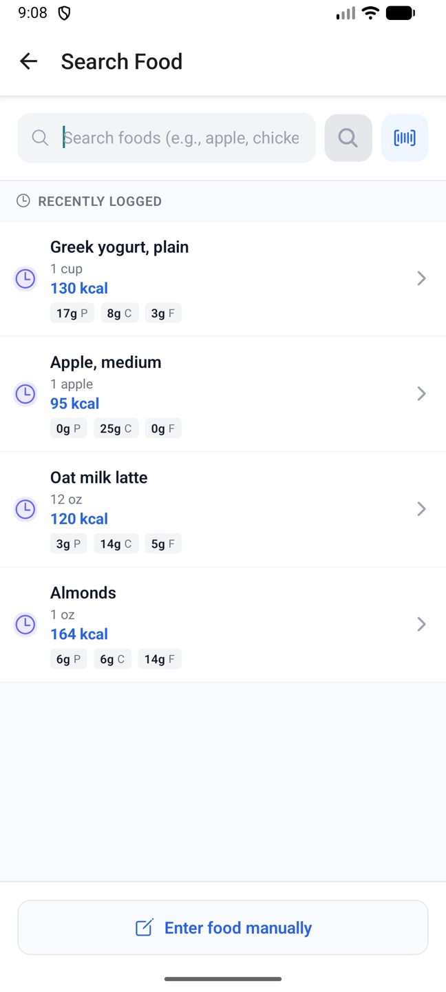 The phone's Search Food screen with the barcode button
