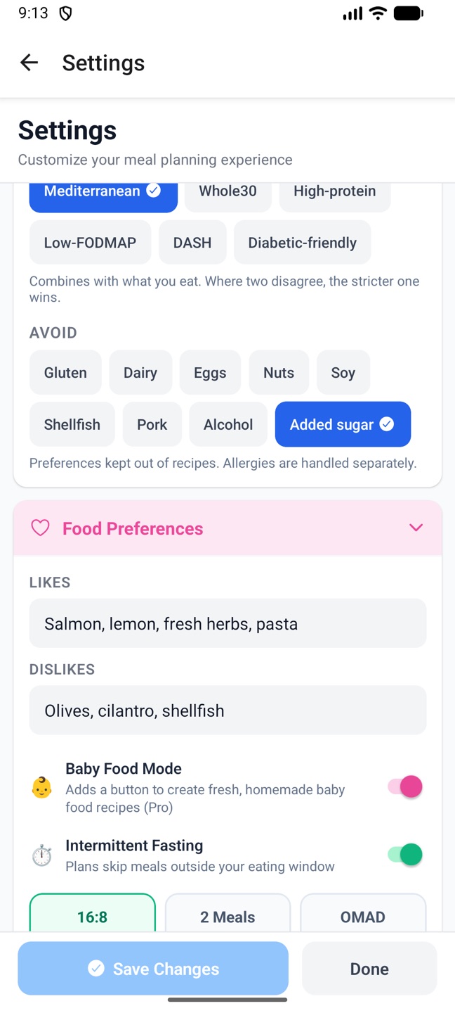 Settings on the phone: avoid toggles, likes, dislikes, baby food mode and fasting