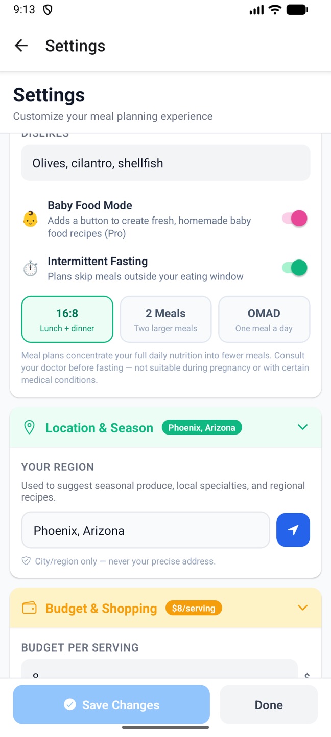 Settings on the phone: the fasting options and the Location and Season section