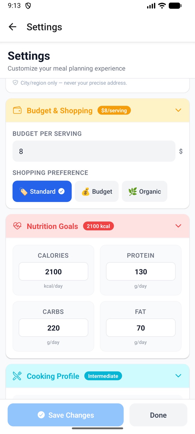 Settings on the phone: budget, shopping preference and nutrition goals