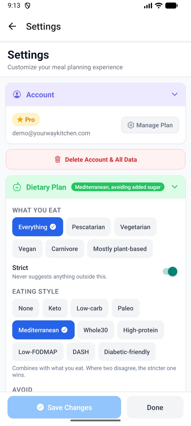 Settings on the phone: account and the Dietary Plan section