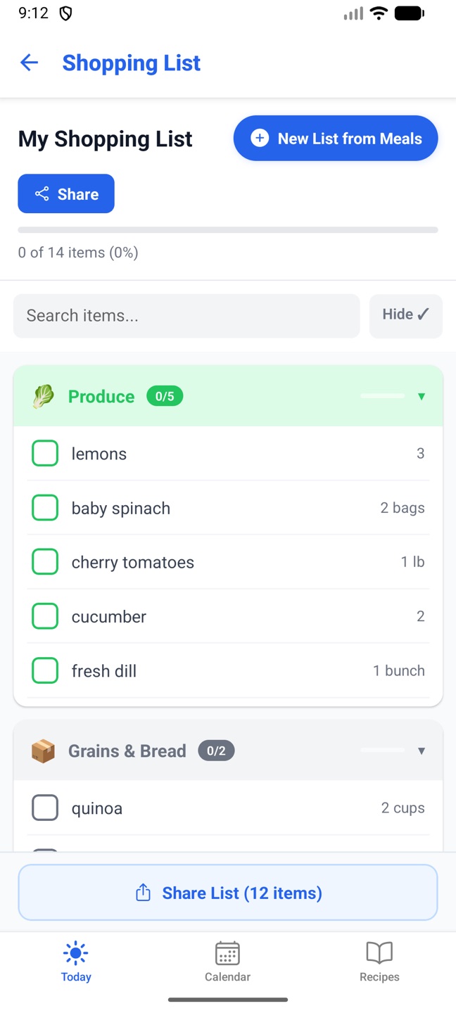 The phone's Shopping List grouped by category with a progress bar
