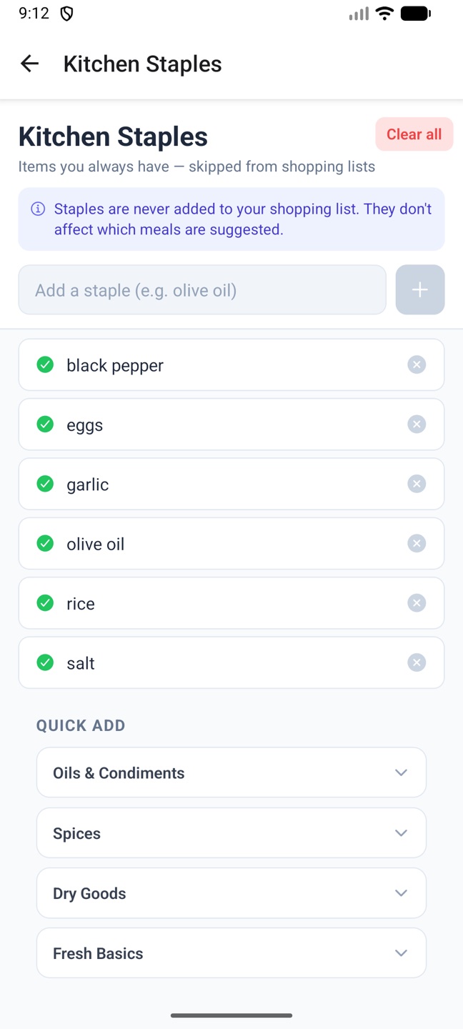 Kitchen Staples on the phone with quick-add groups