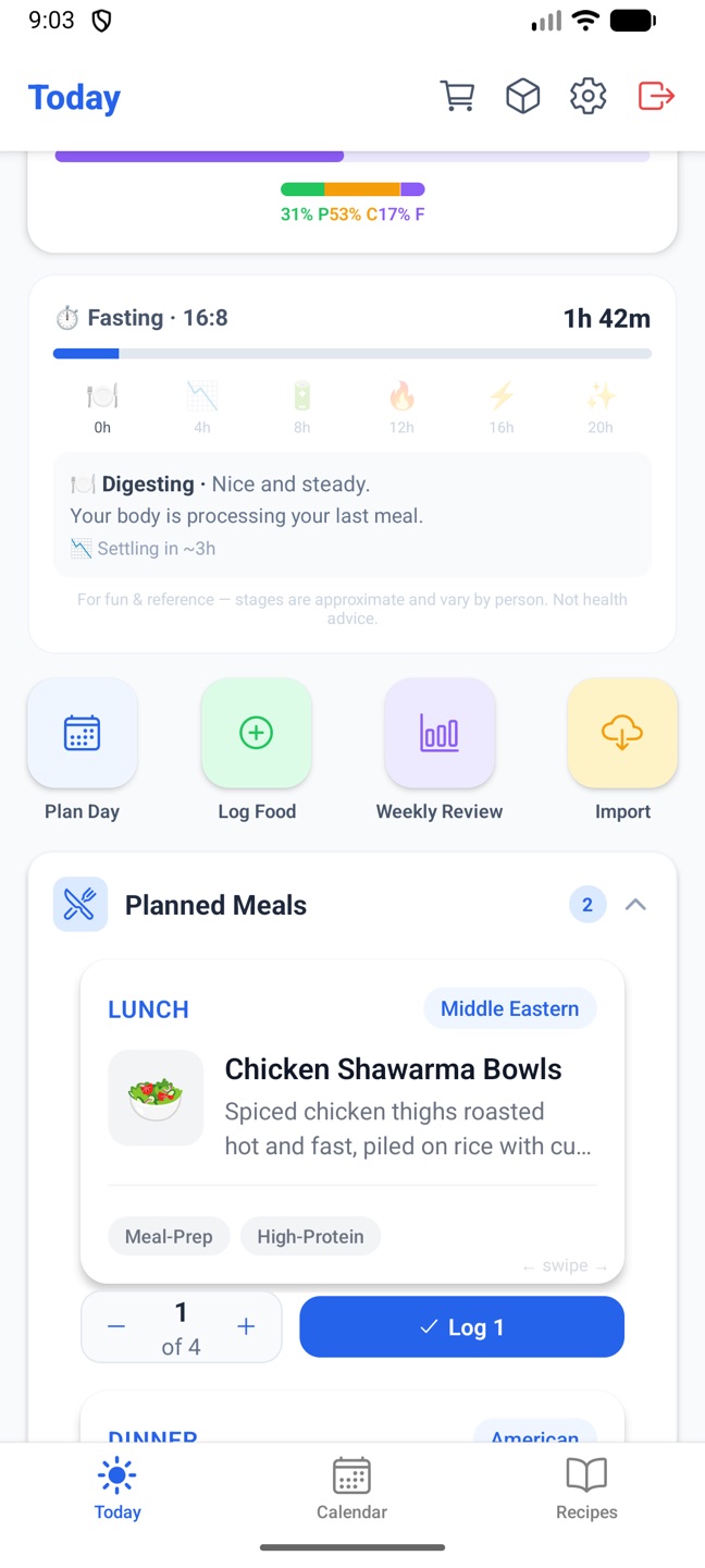 Further down Today: the fasting clock, the four action buttons and planned meals