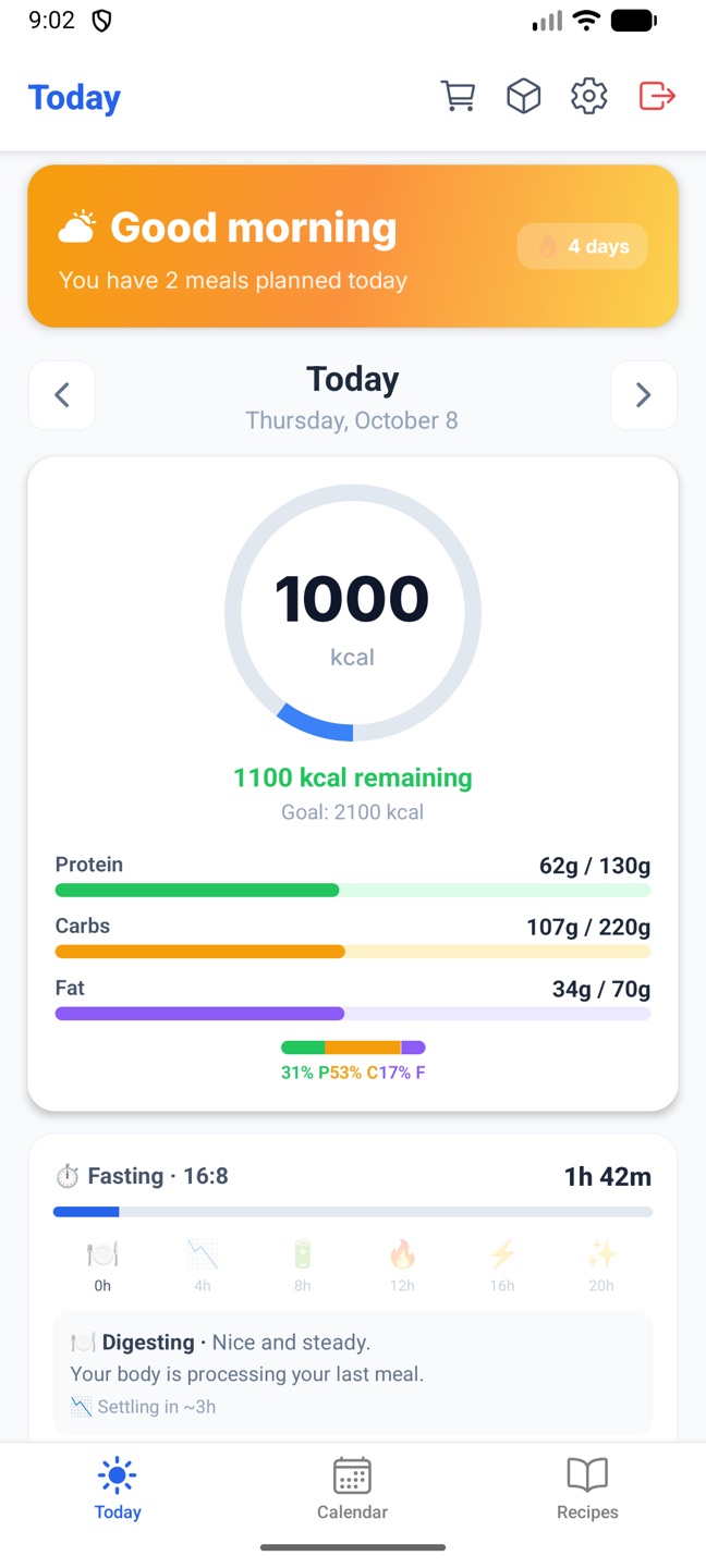 The phone's Today screen: greeting, calorie ring and macro bars