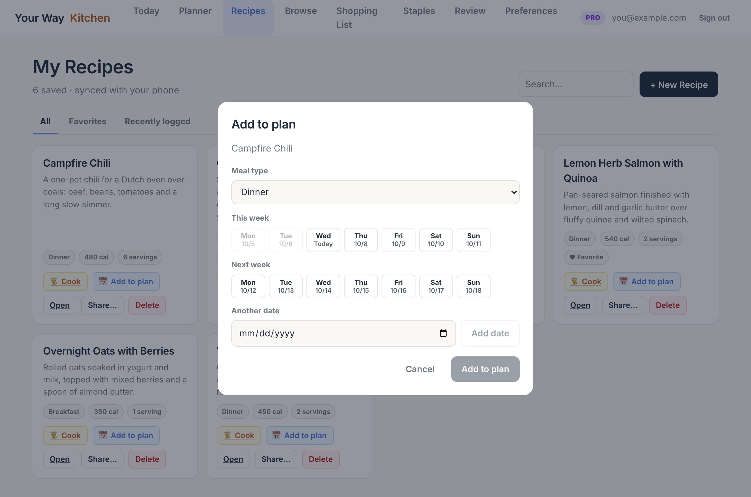 The Add to plan window on the web with this week's and next week's days