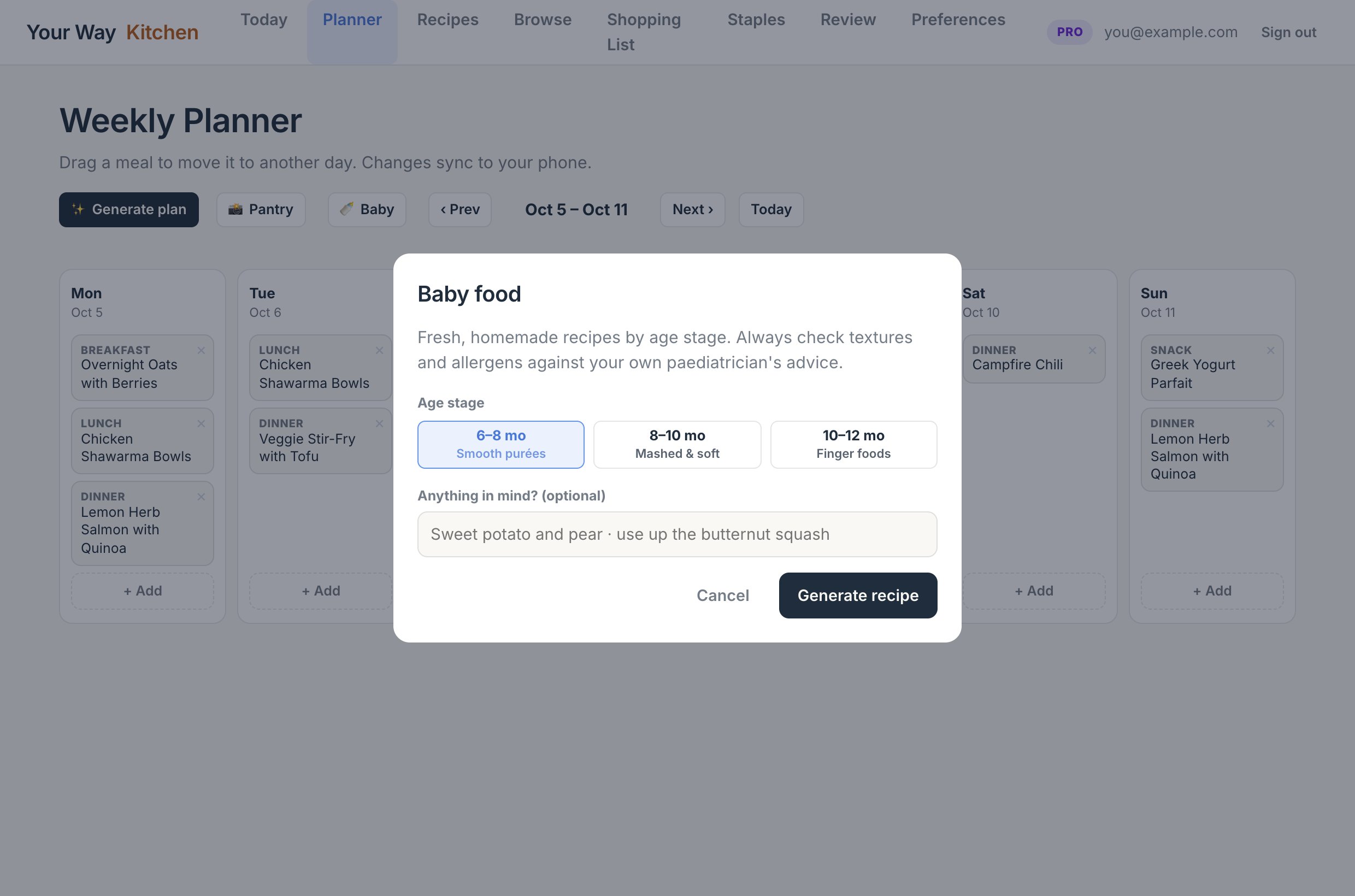 The Baby food window on the web with the three age stages