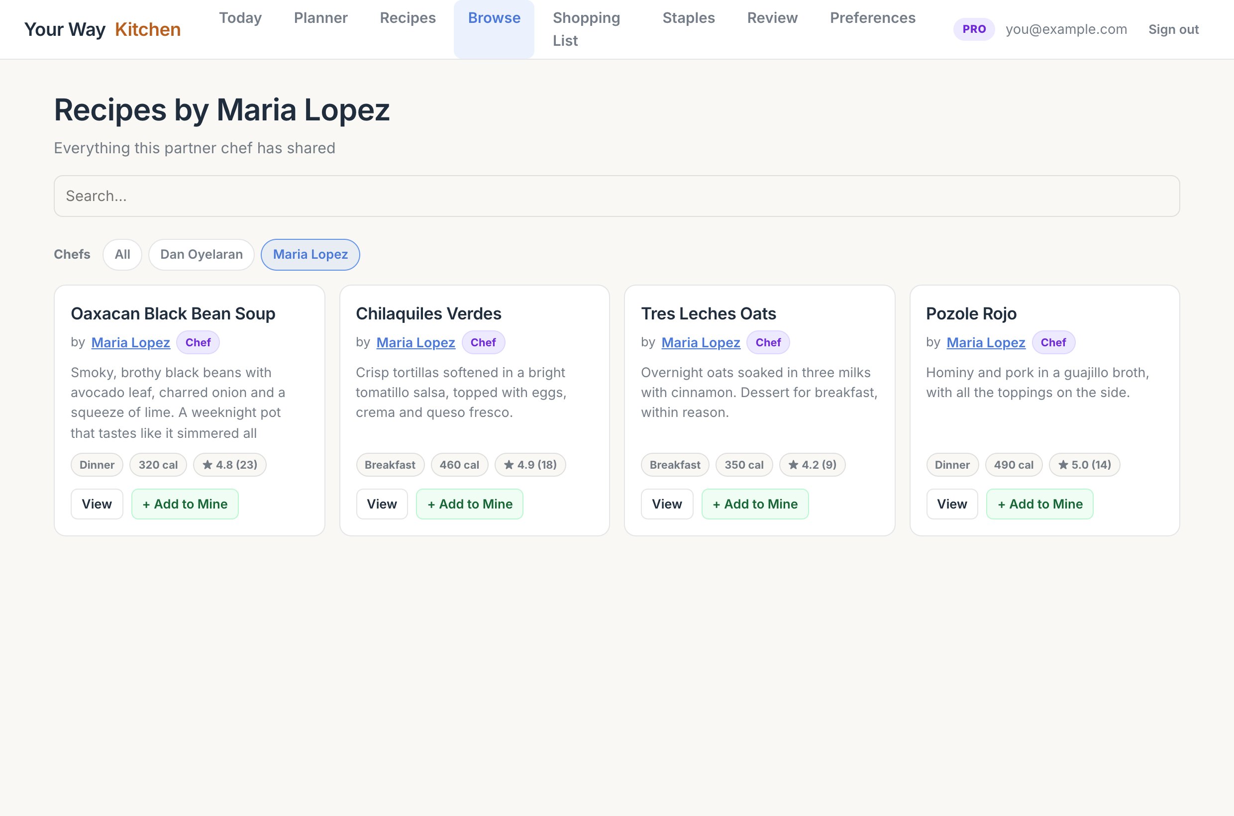 Browse filtered to one chef's recipes on the web