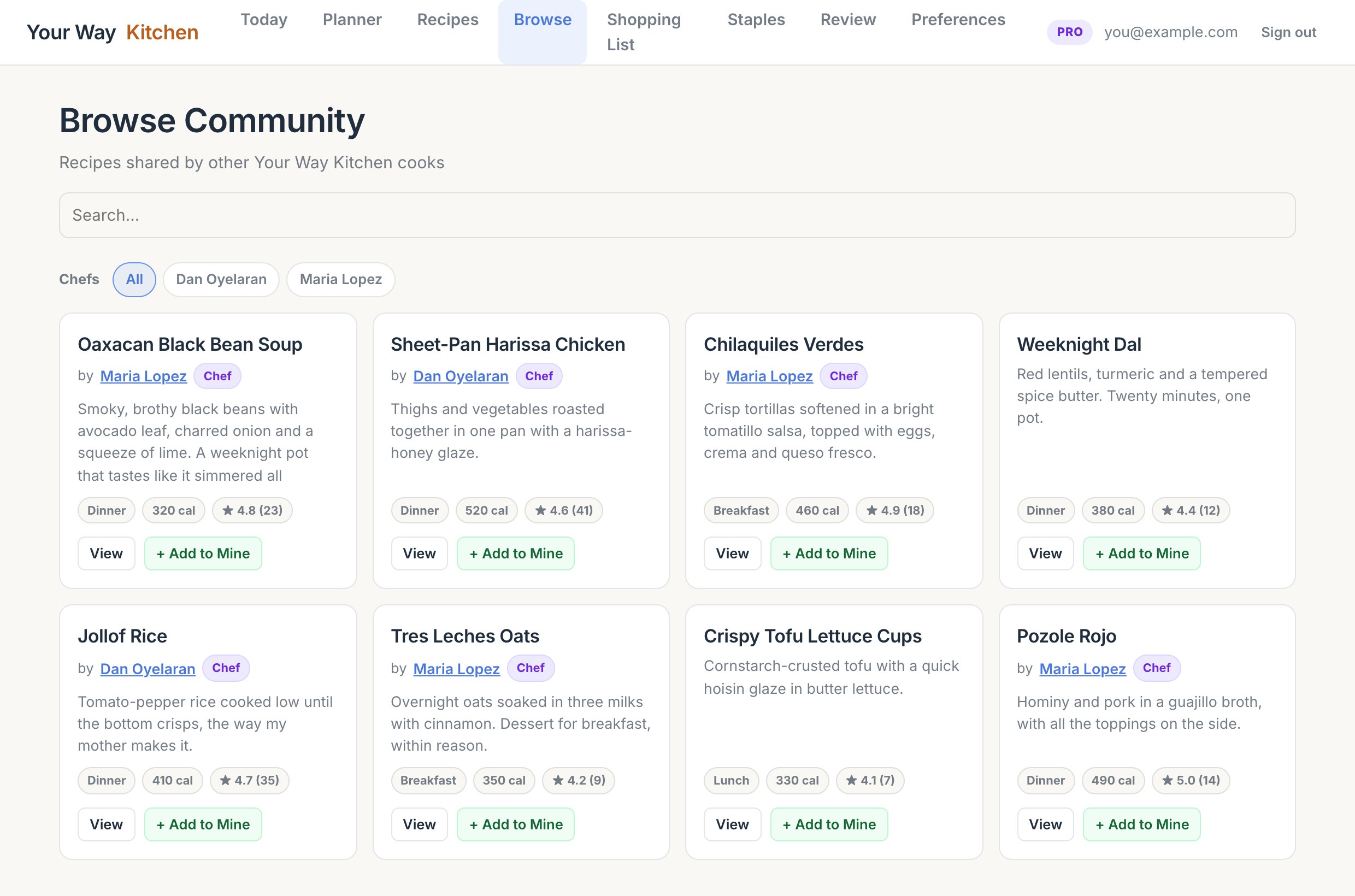 Browse Community on the web with chef chips and recipe cards credited to chefs