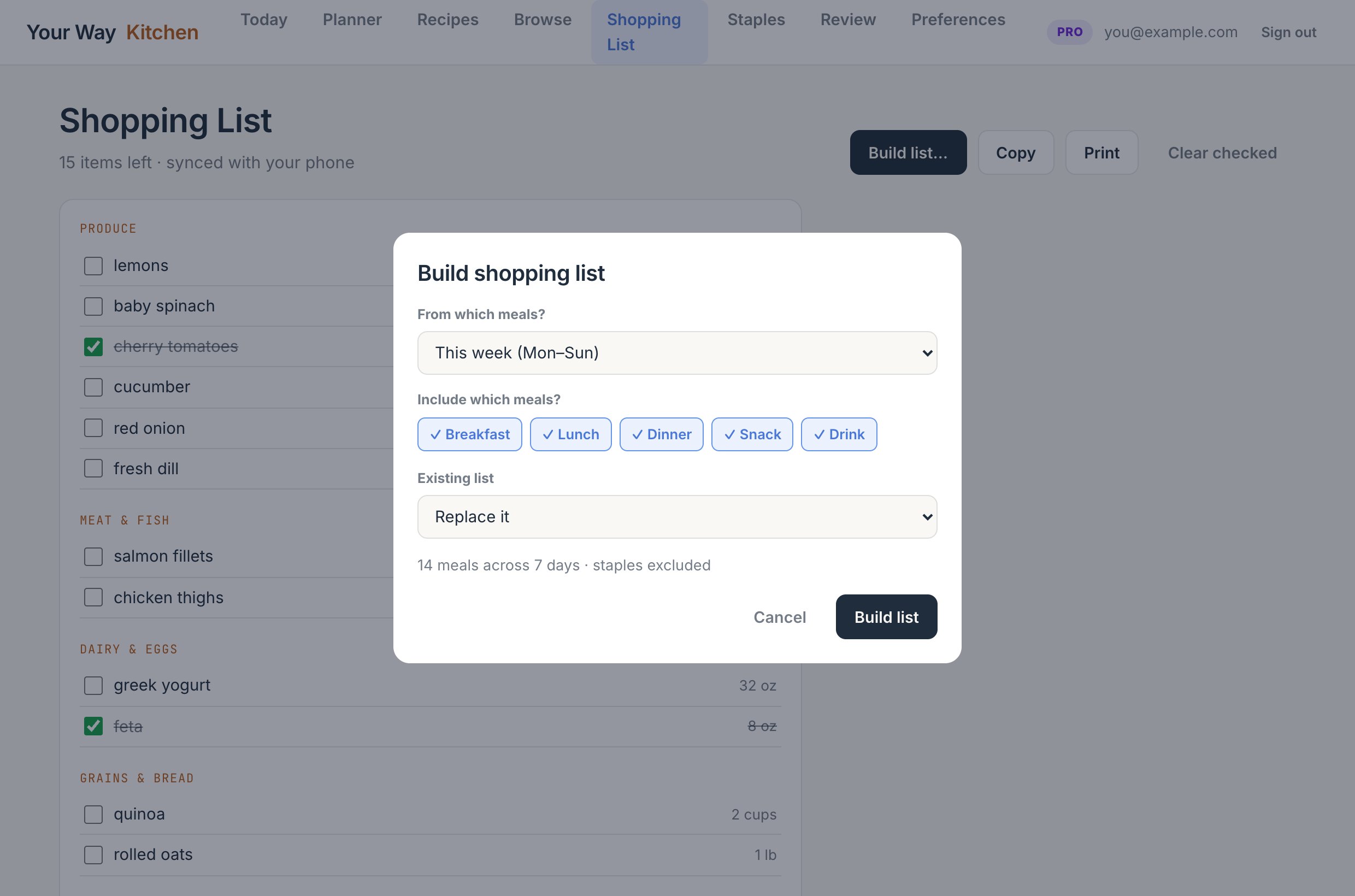 The Build shopping list window on the web