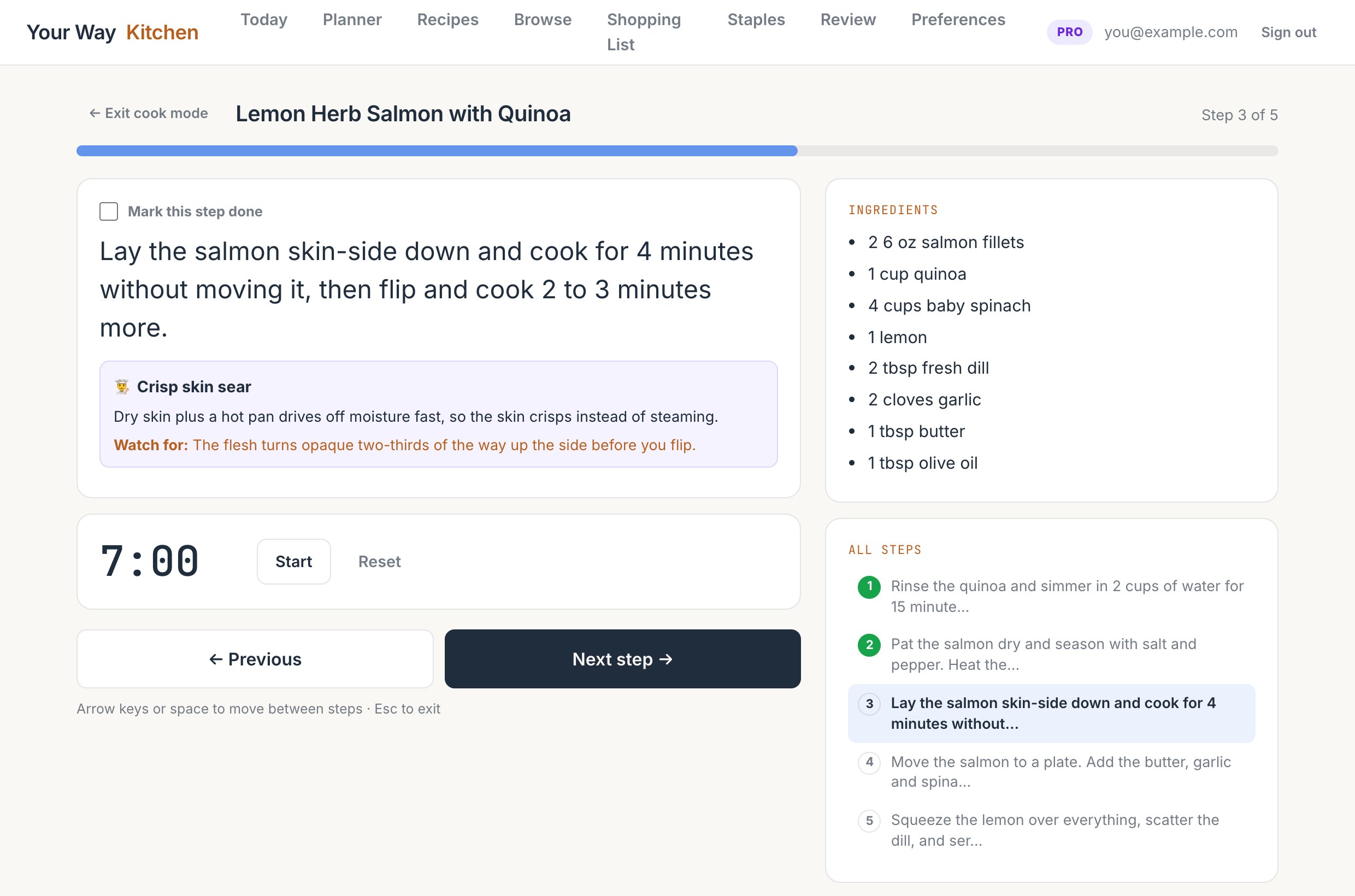 Cook Mode on the web showing a step, its technique card, the timer, ingredients and the step list