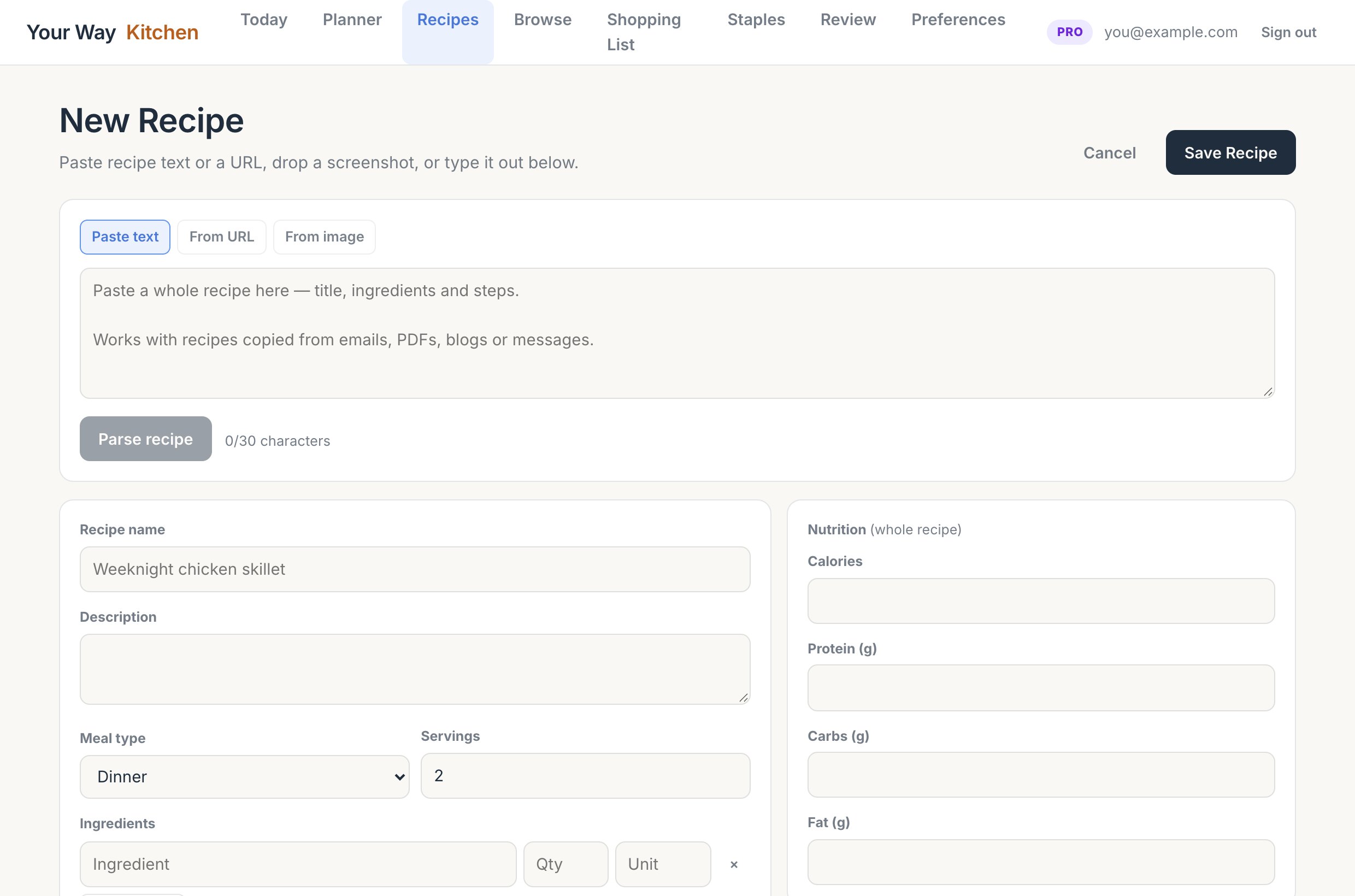 The web New Recipe page with the Paste text, From URL and From image tabs