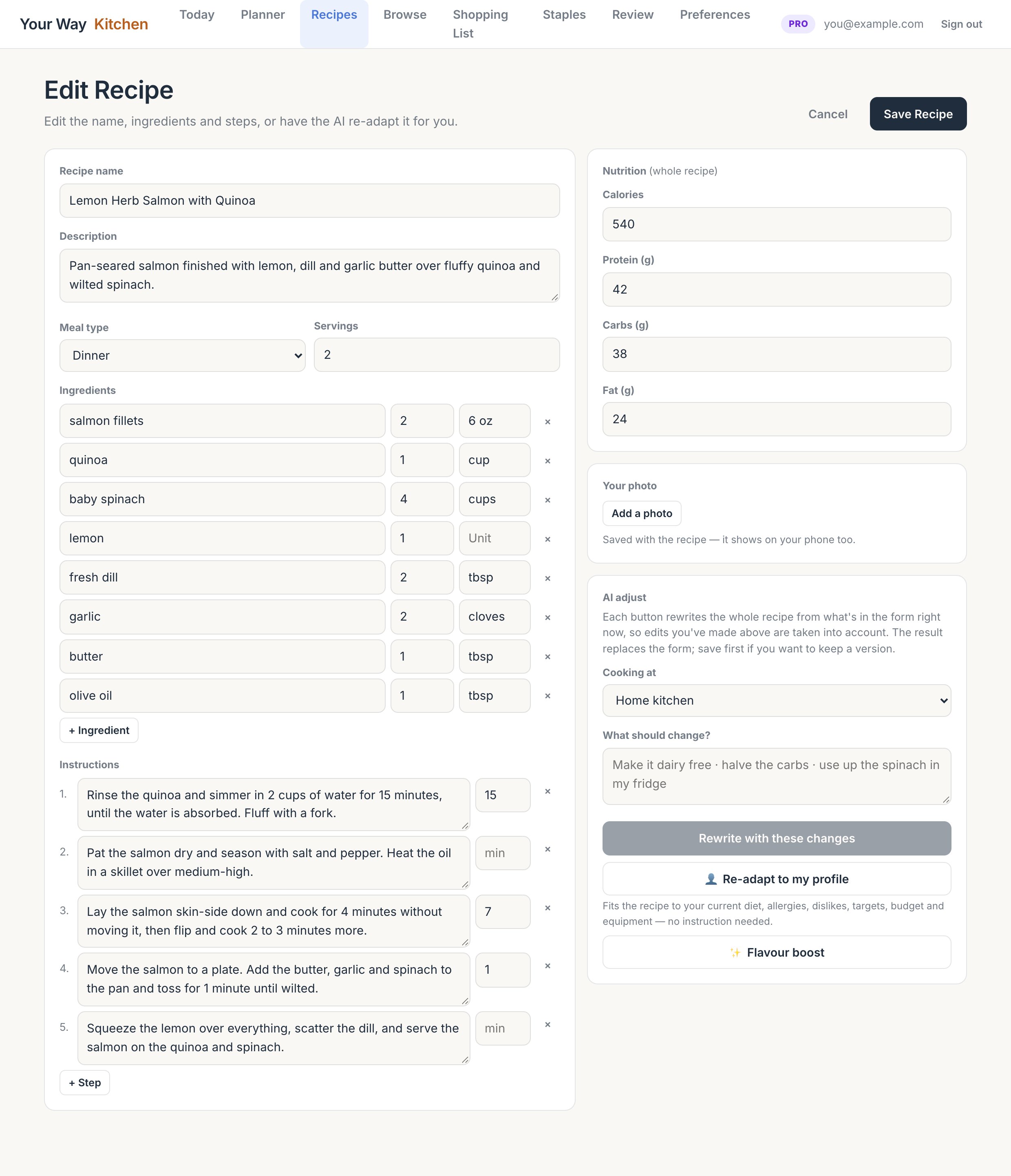 The full web recipe editor including the photo panel and the AI adjust panel