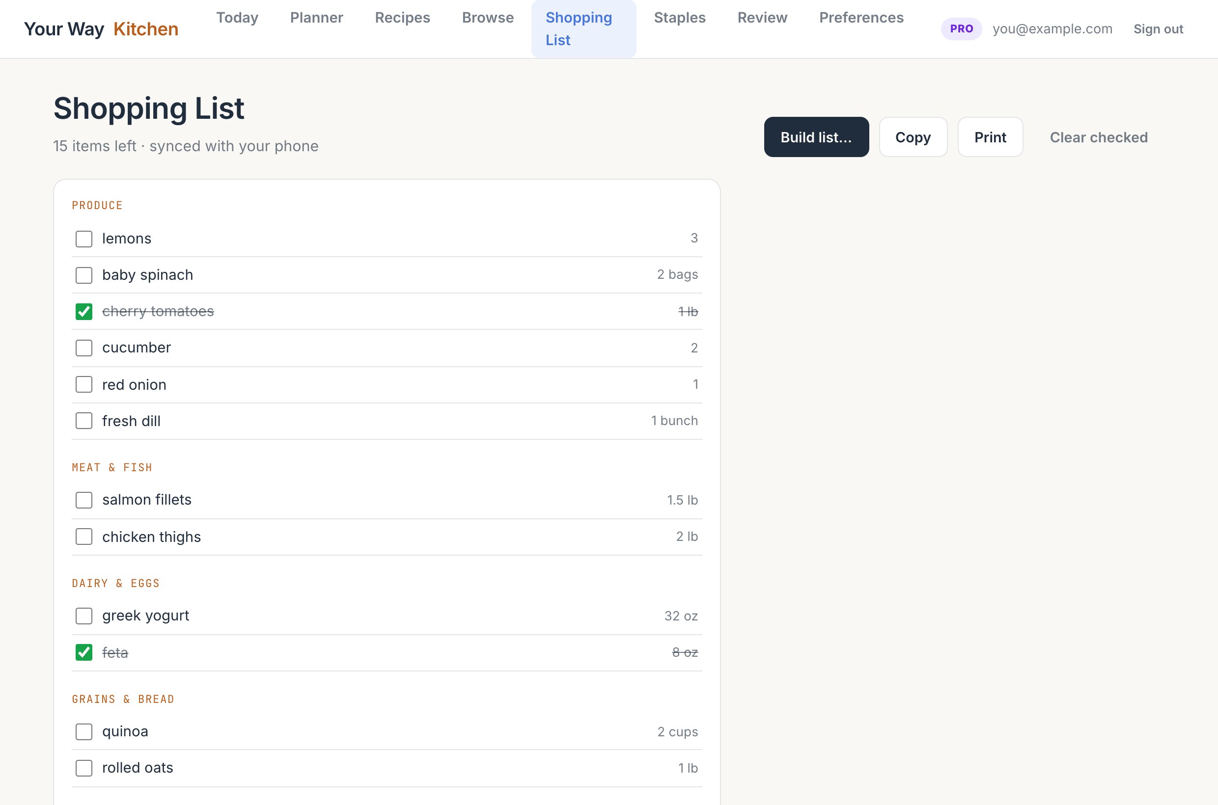 The web shopping list grouped by aisle