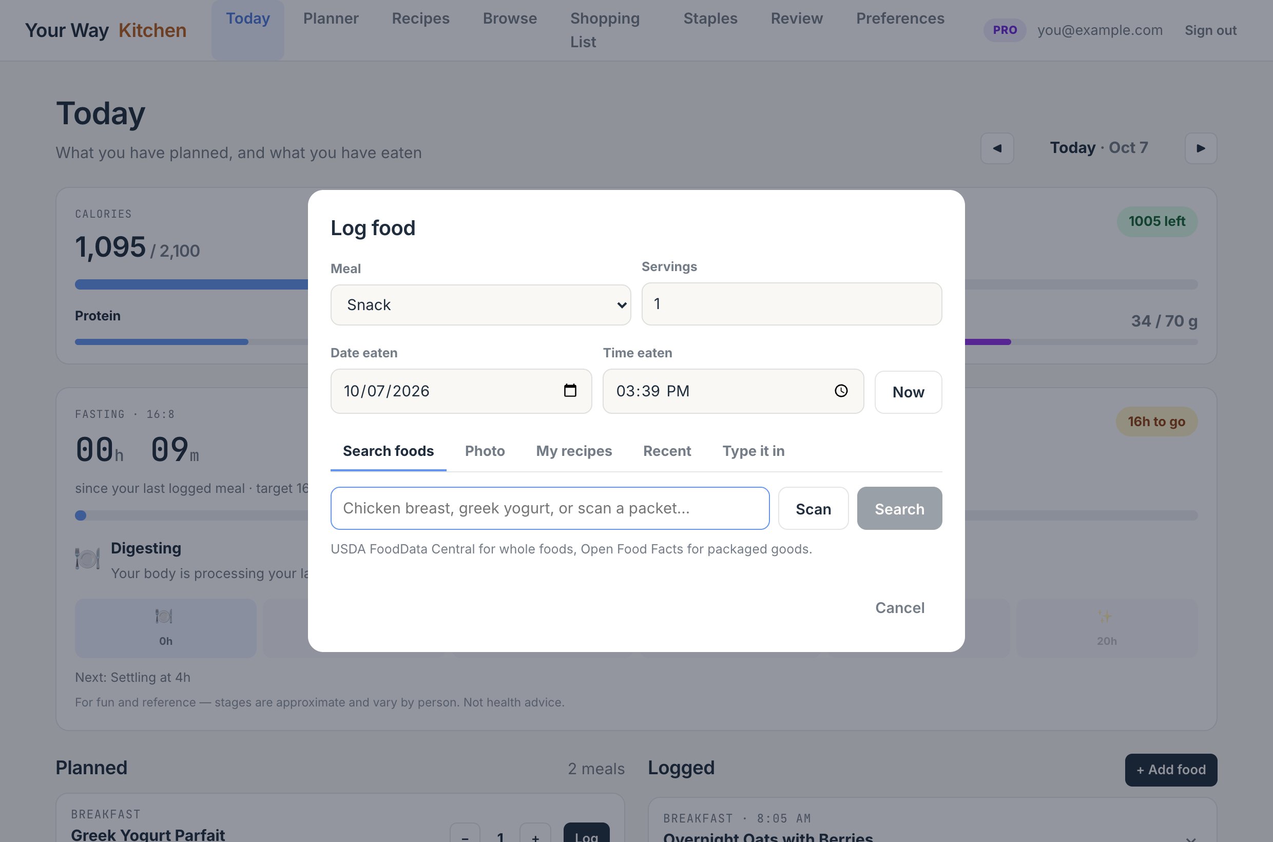 The web Log food window with meal, servings, date and time, and the Search foods tab