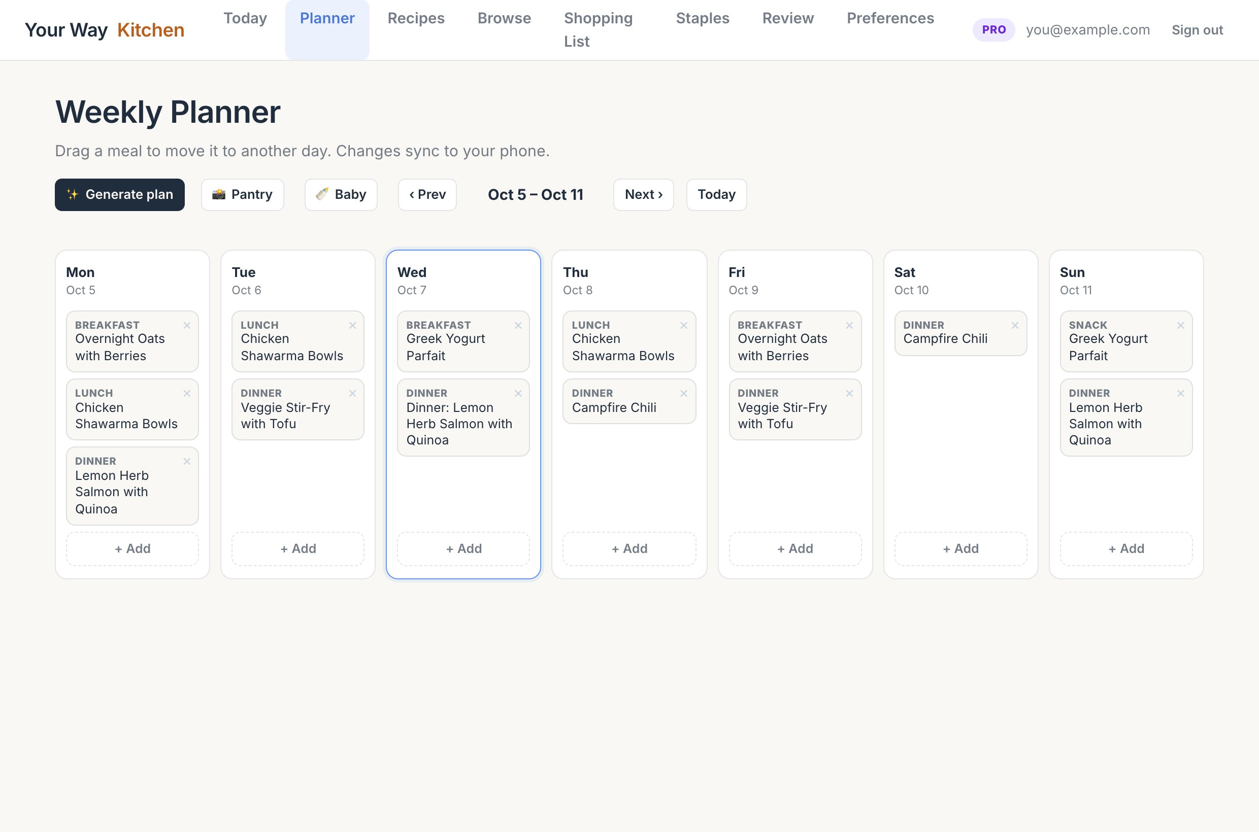 The web Planner week grid with meals on each day