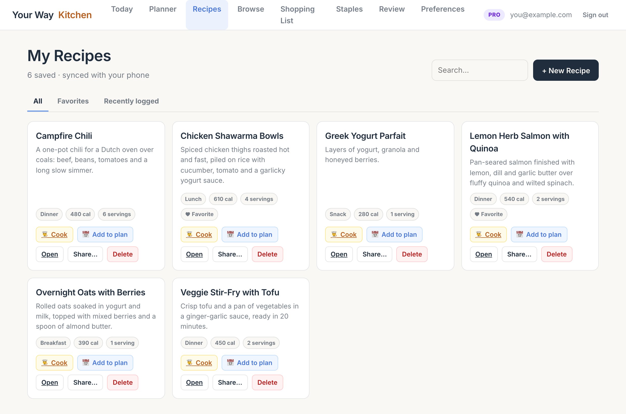 My Recipes on the web, a grid of recipe cards with their buttons