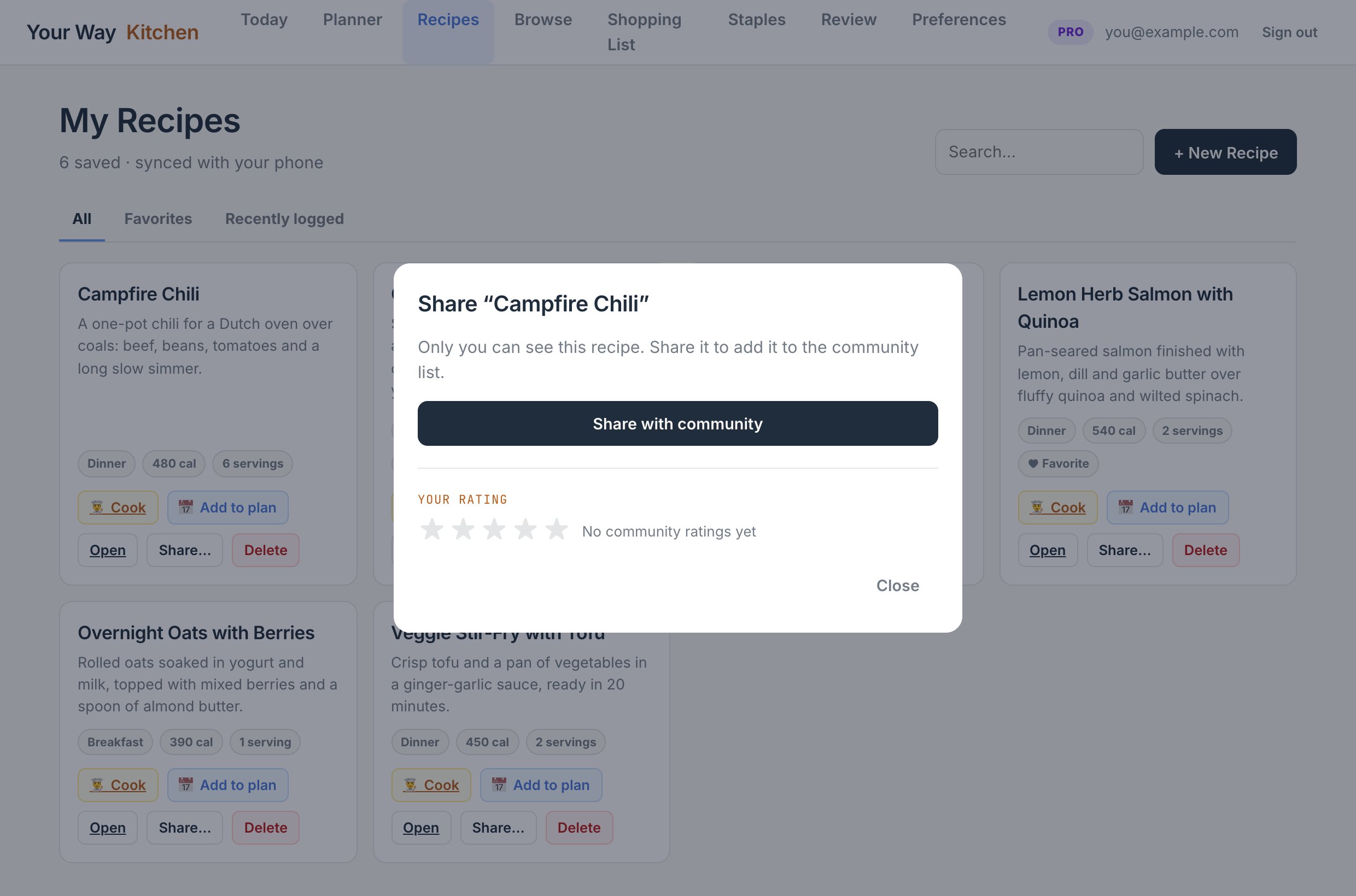 The Share window on the web with the share toggle and star rating